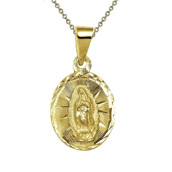 925 Sterling Silver Yellow Gold Plated 1mm Cable Chain Necklace w/ Our Lady of Guadalupe Pendant Charm