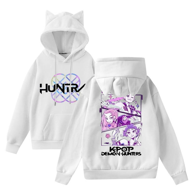 pop Huntrix Print Cat Ears Hoodie with De-mon Sweatshirt HUNTRX Trendy Pullover All-over Print Fashion Casual Long Sleeve Sweatshirt Pullover Casual Streetwear 2XL