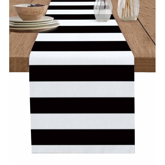 Table Runner 70 Inches Long for Kitchen Dining, Simple Black White Stripes Dresser Scarf Farmhouse, Dining Table Decorations for Wedding/Parties, Modern Stripes 13 x 70 In