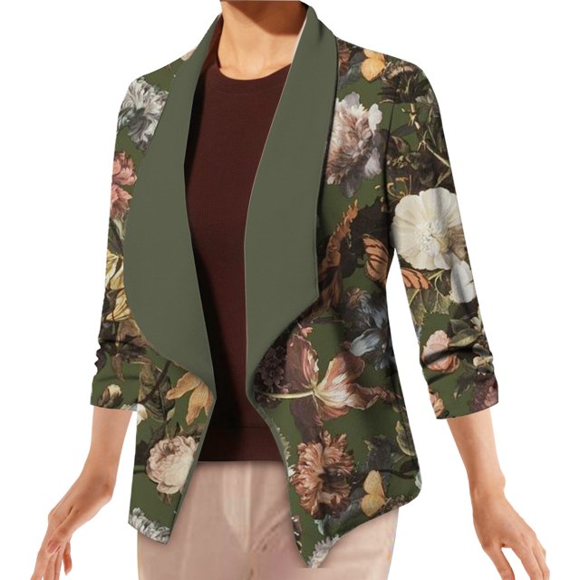 Sacos y Chaquetas de traje Chaqueta de traje de trabajo de solapa informal con estampado elegante de manga larga para mujer, abrigo, prendas de vestir, ropa informal,temperamento blazer(Verde, XXL)