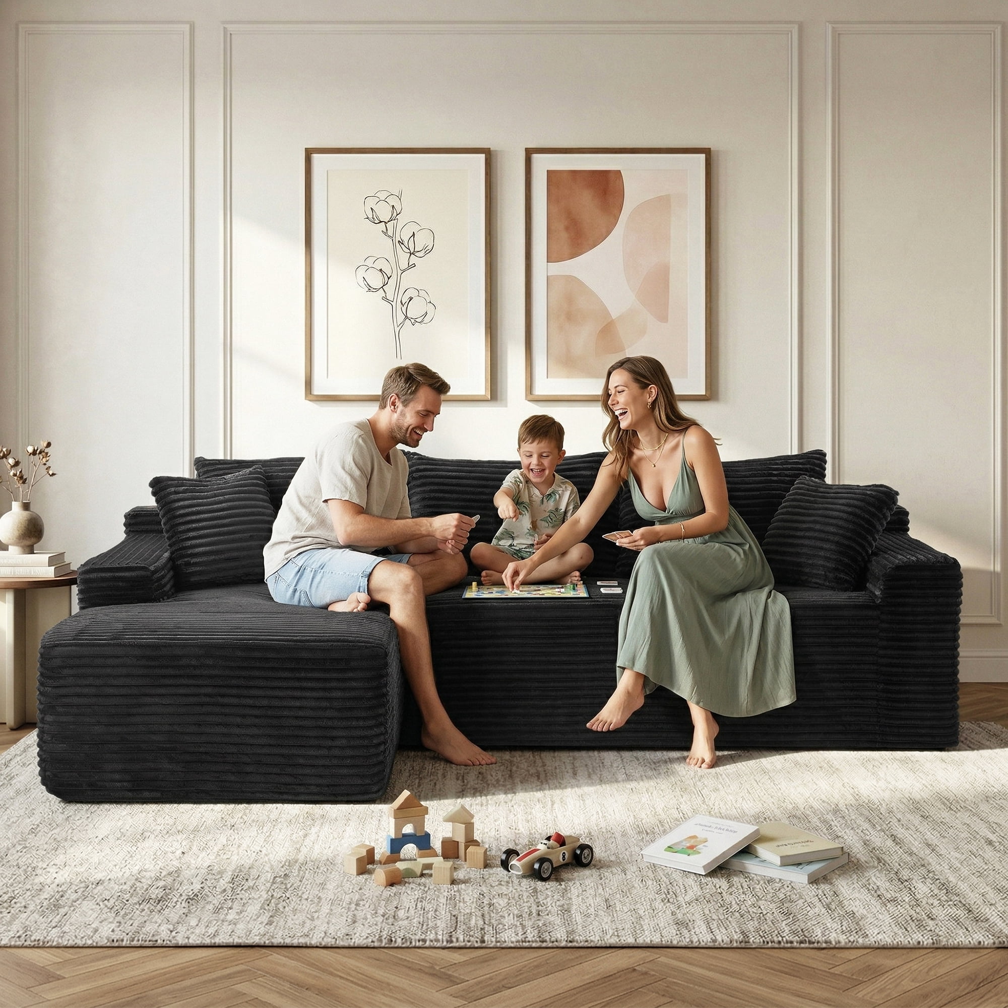 Aukfa 96" L-Shaped Cloud Sectional Sofa, Modular Boneless Couch with Deep Seat&Left-Facing Chaise for Living Room, Corduroy, Black