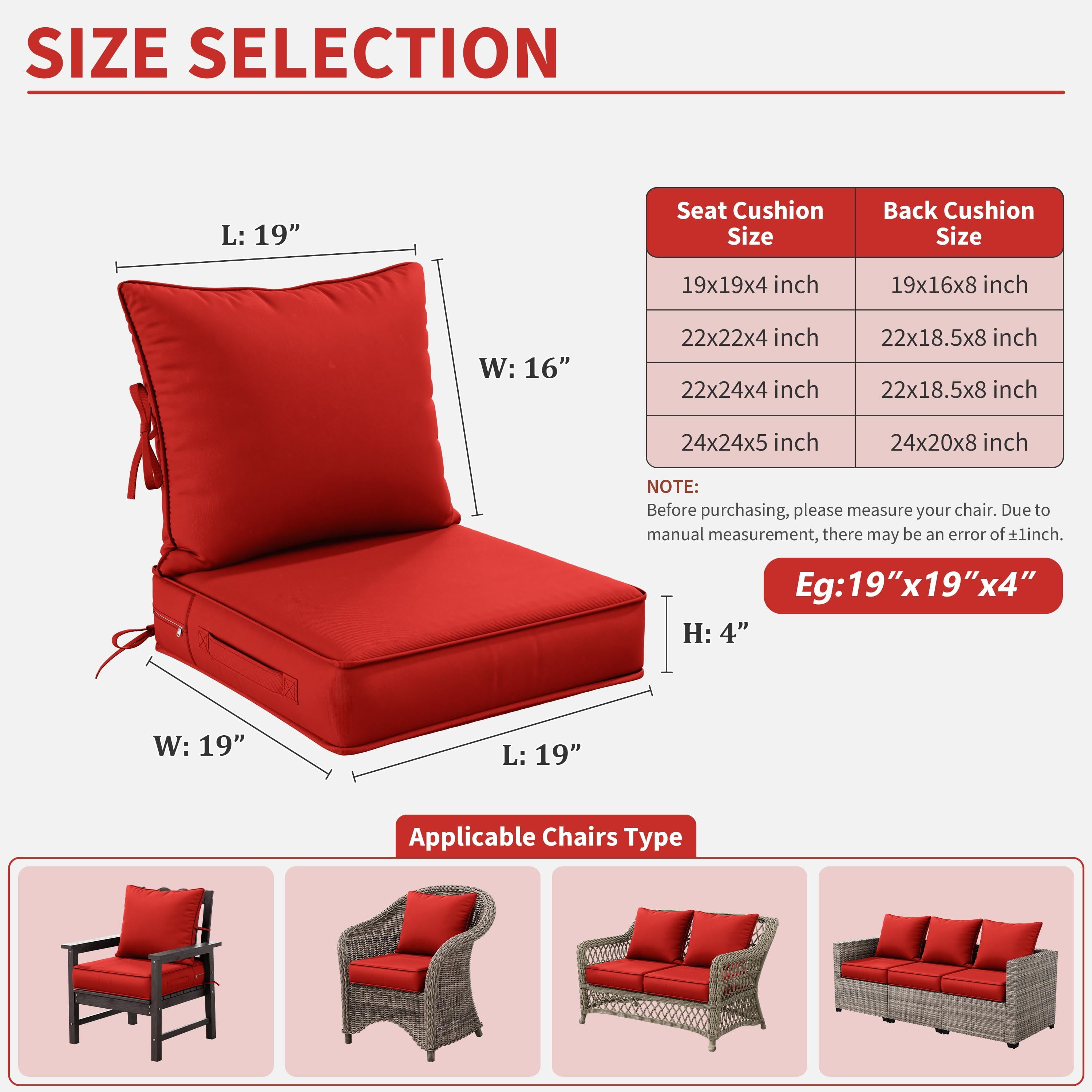 Kimunuk Outdoor Seat Cushion Set, 19" X 19" X 4" Water-Resistant & Fade-Resistant Patio Furniture Replacement Cushions with Handle and Straps for Sofa Chair, Red