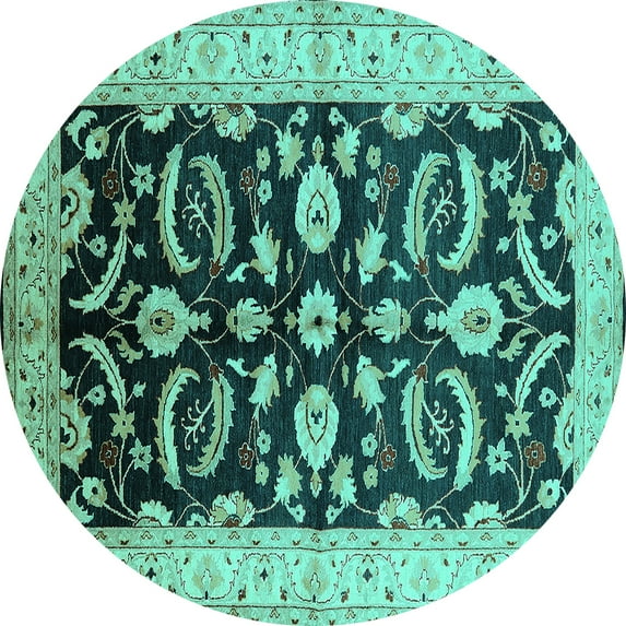 Ahgly Company Machine Washable Indoor Round Oriental Turquoise Blue Traditional Area Rugs, 6' Round