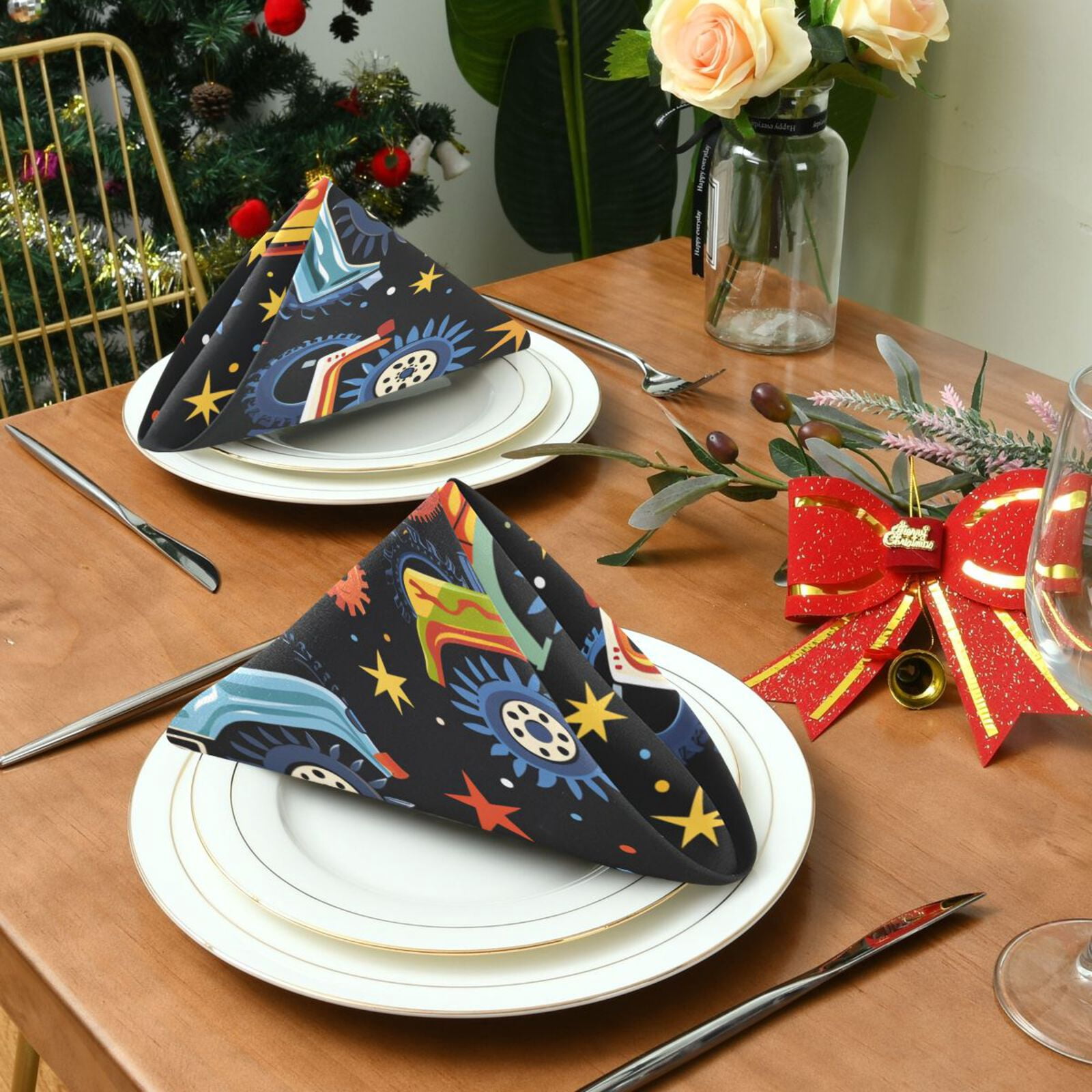 JSTEL Monster Truck Stars Cloth Napkins Set of 6, 20x20 Inch Washable and Reusable Napkin for Decoupage Dinner Party Everyday Use