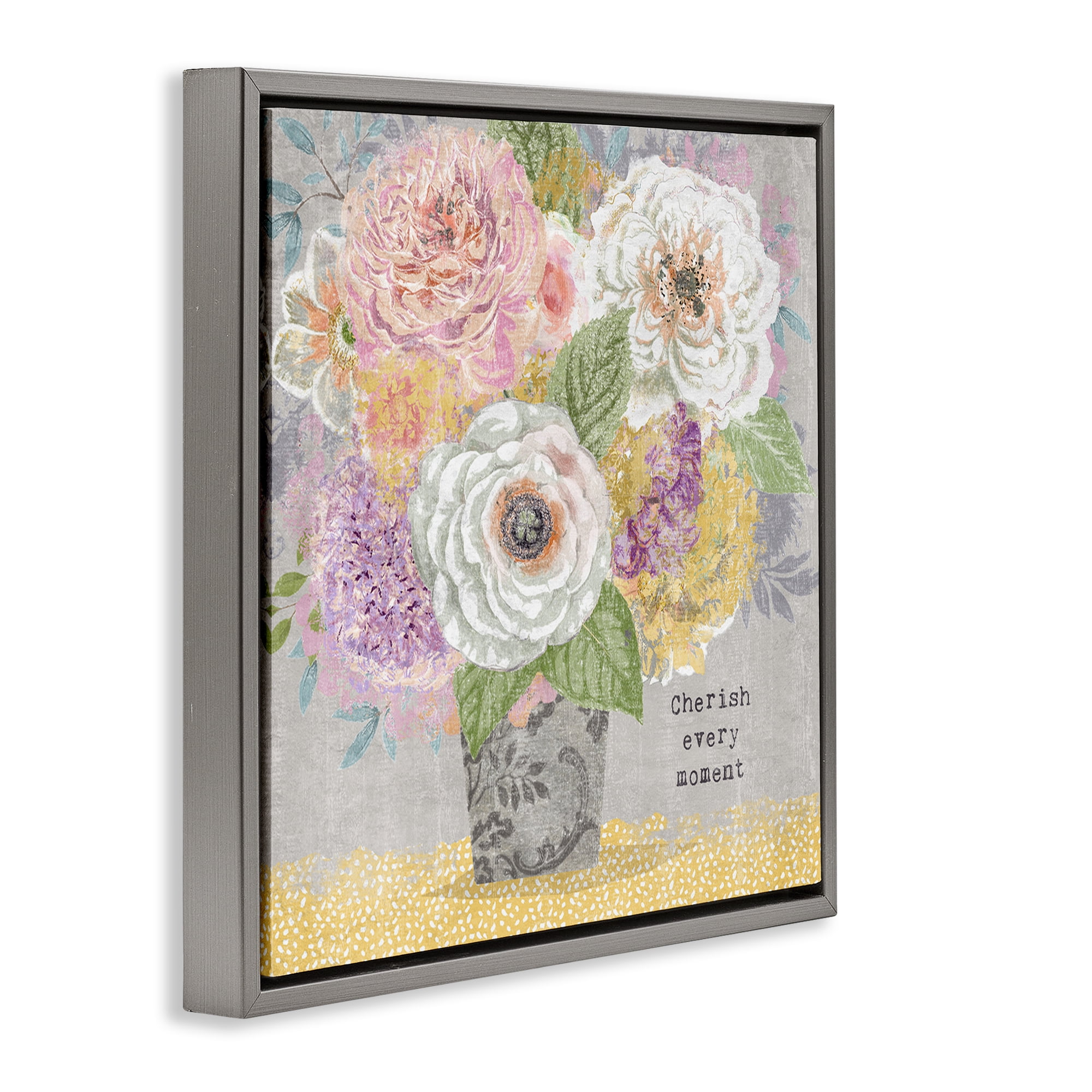 Stupell Industries Cherish Every Moment Inspiration Gray Framed Floater Canvas Wall Art, design by Suzanne Nicoll
