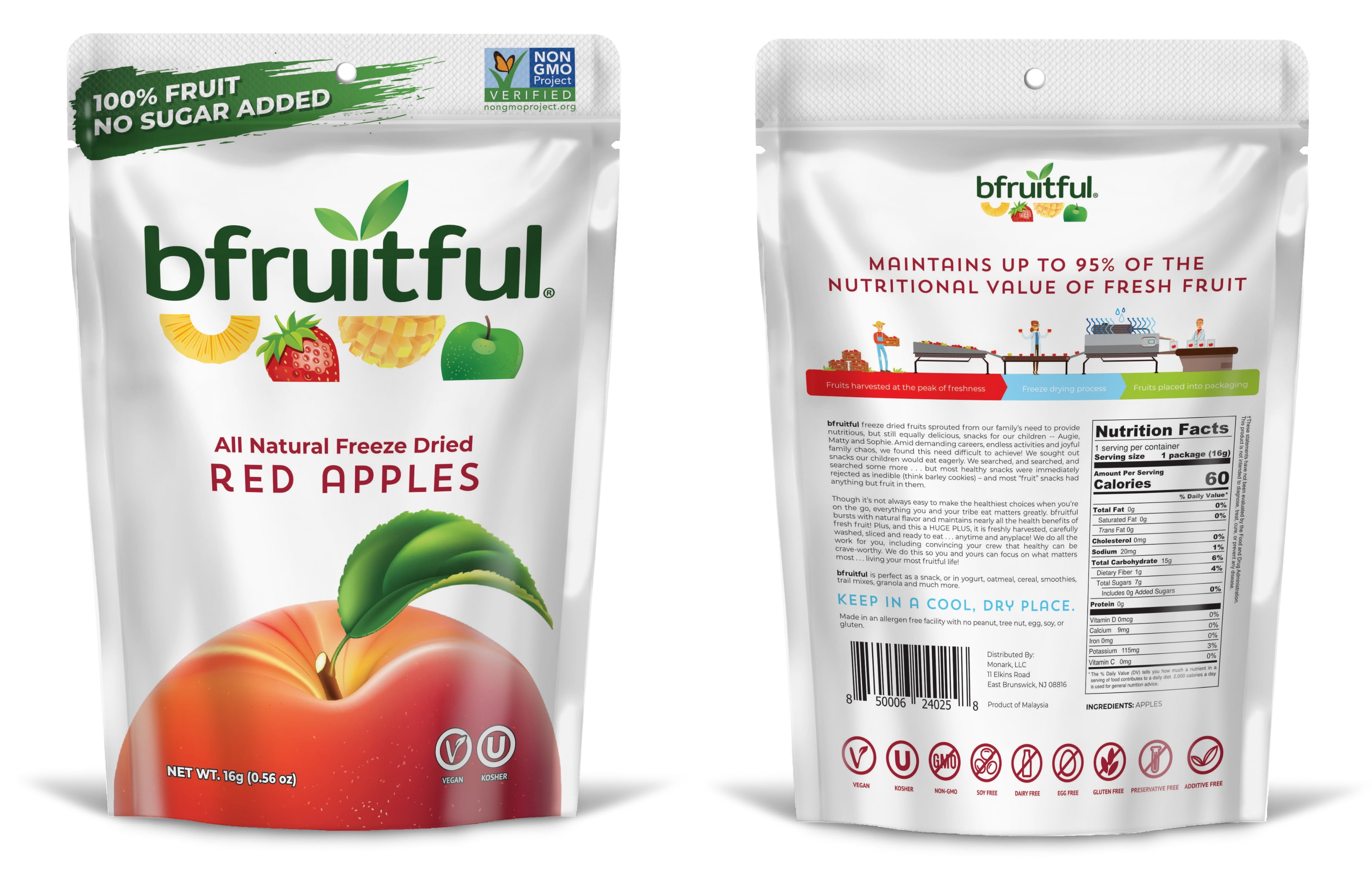 bfruitful Freeze-Dried Fruit Apples, Gluten Free, 12- 0.56 oz Bags