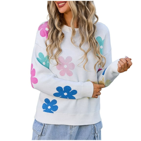 Womens Sweaters Flower Print - Crewneck Knitted Long Sleeve Sweaters Fall Winter Pullover Casual Top
