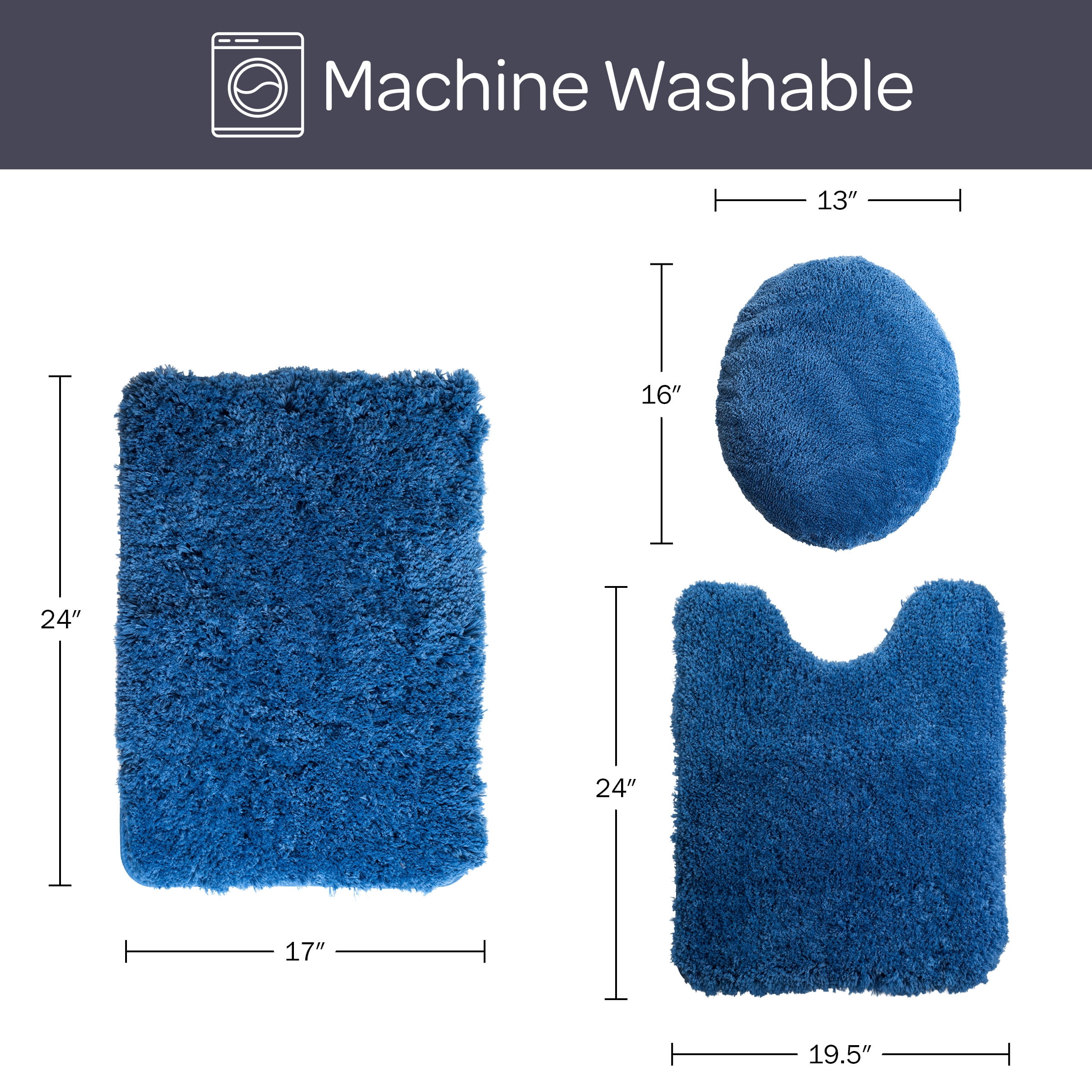 Lavish Home 3-Piece Bath Rug Set with Contour Mat and Toilet Cover (Navy)