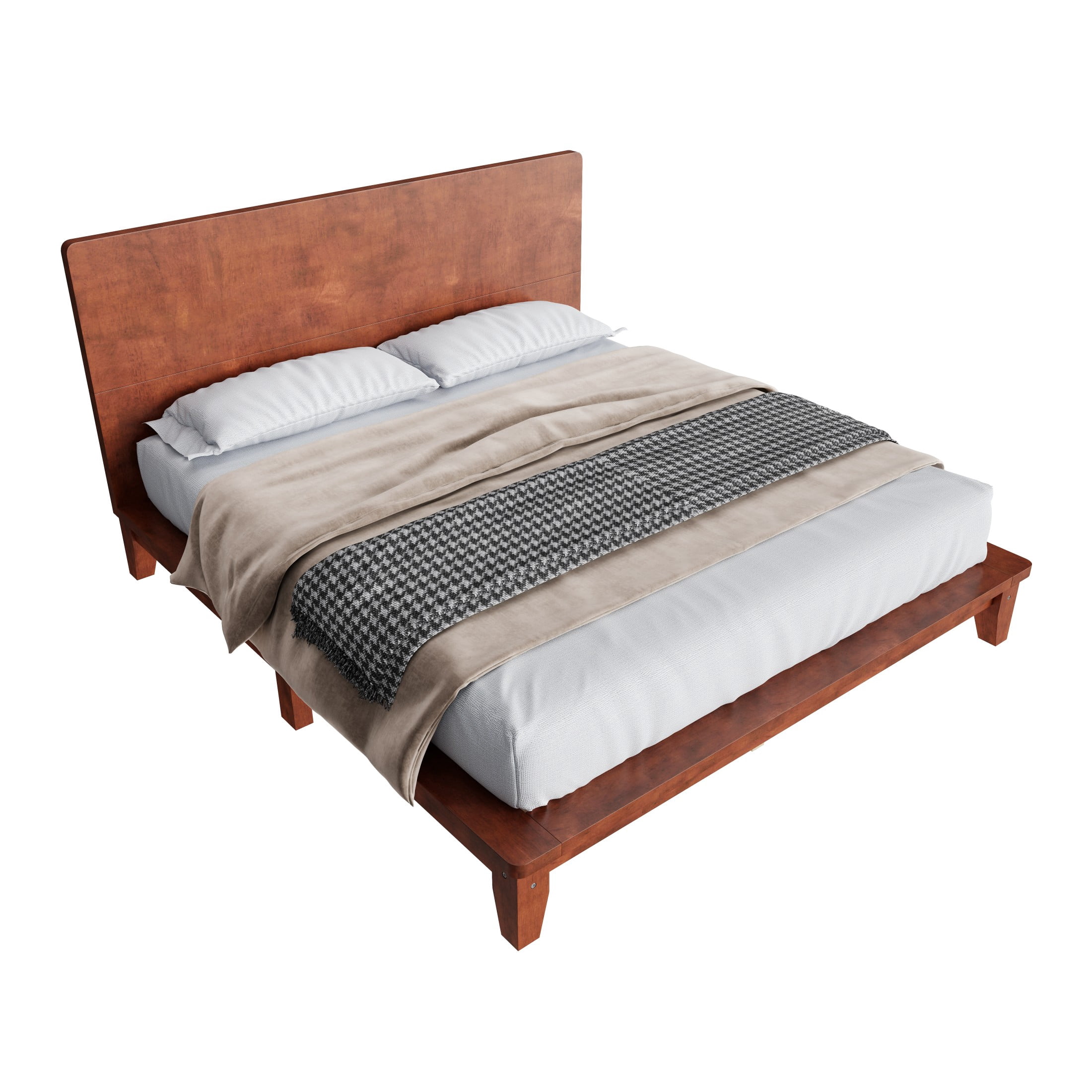 Noble House Hazel Queen Size Pine Wood Platform Bed Frame with Legs and Headboard, Mid-Century Modern Design, Brown