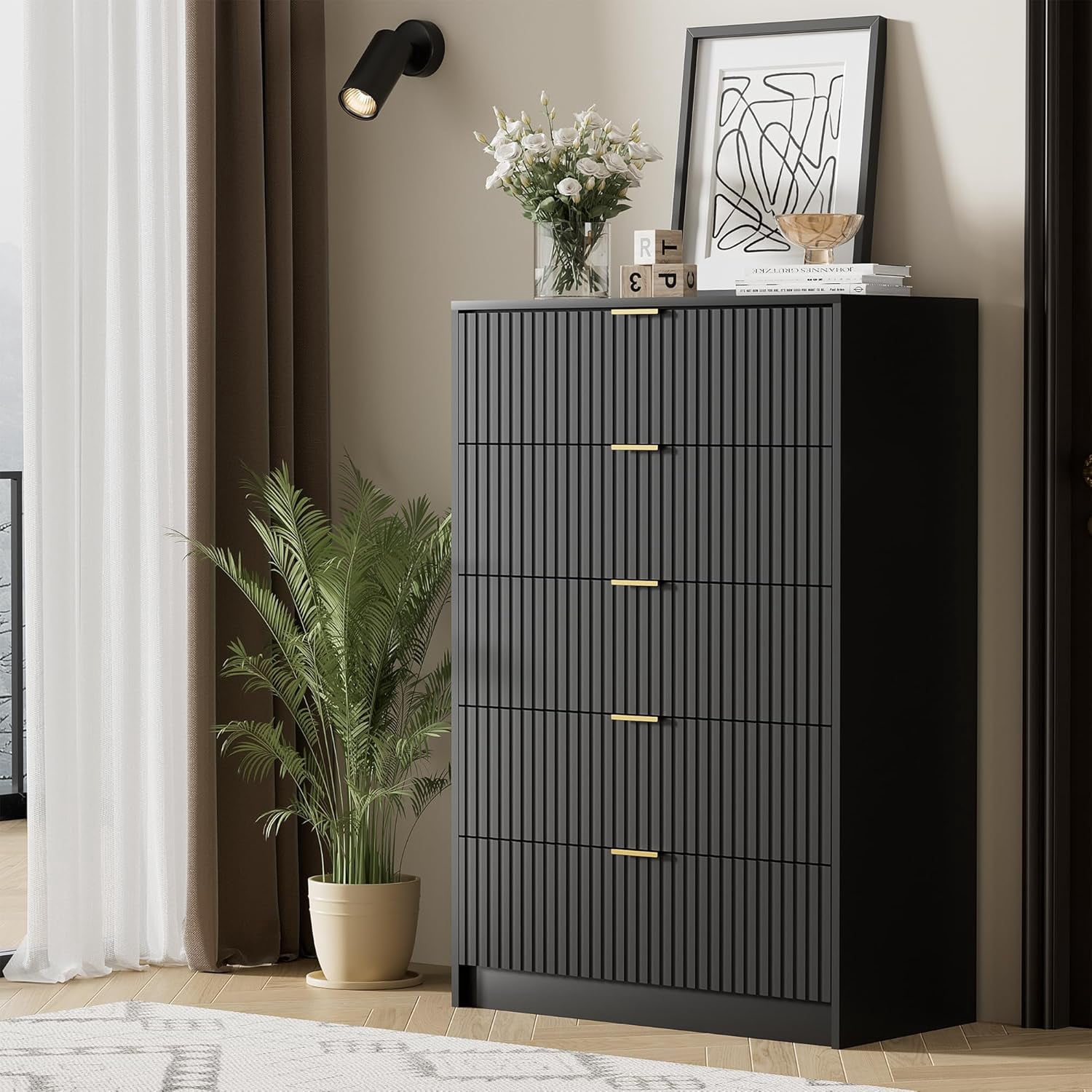 FURNIWAY Black 5 Drawer Dresser, 32 Inch Wide Chest with Gold Handles for Bedroom Living Room Office