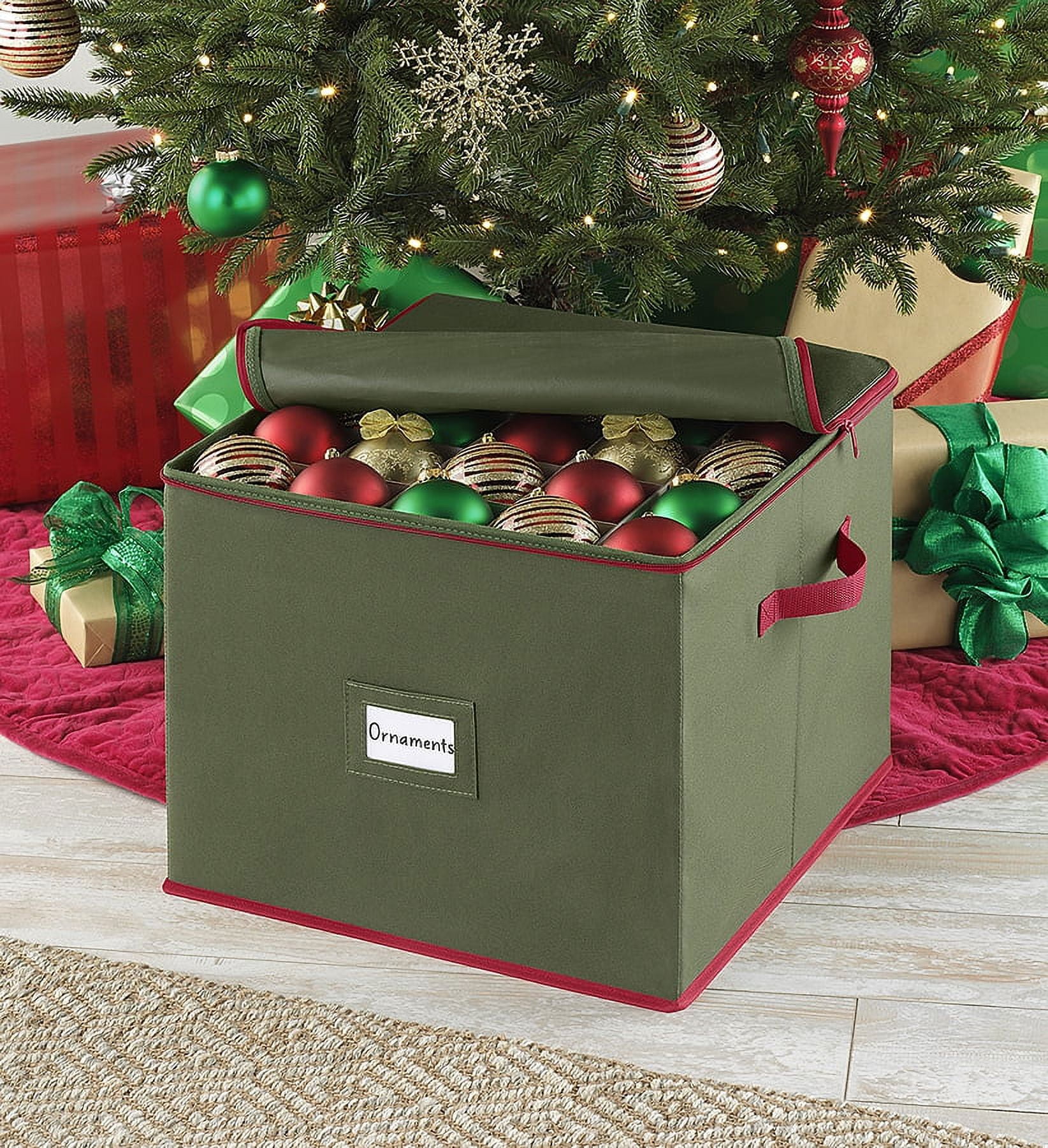 Whitmor Large Polyester Christmas Ornament Box 75 Sections, Green W/Red Trim - Adult Use