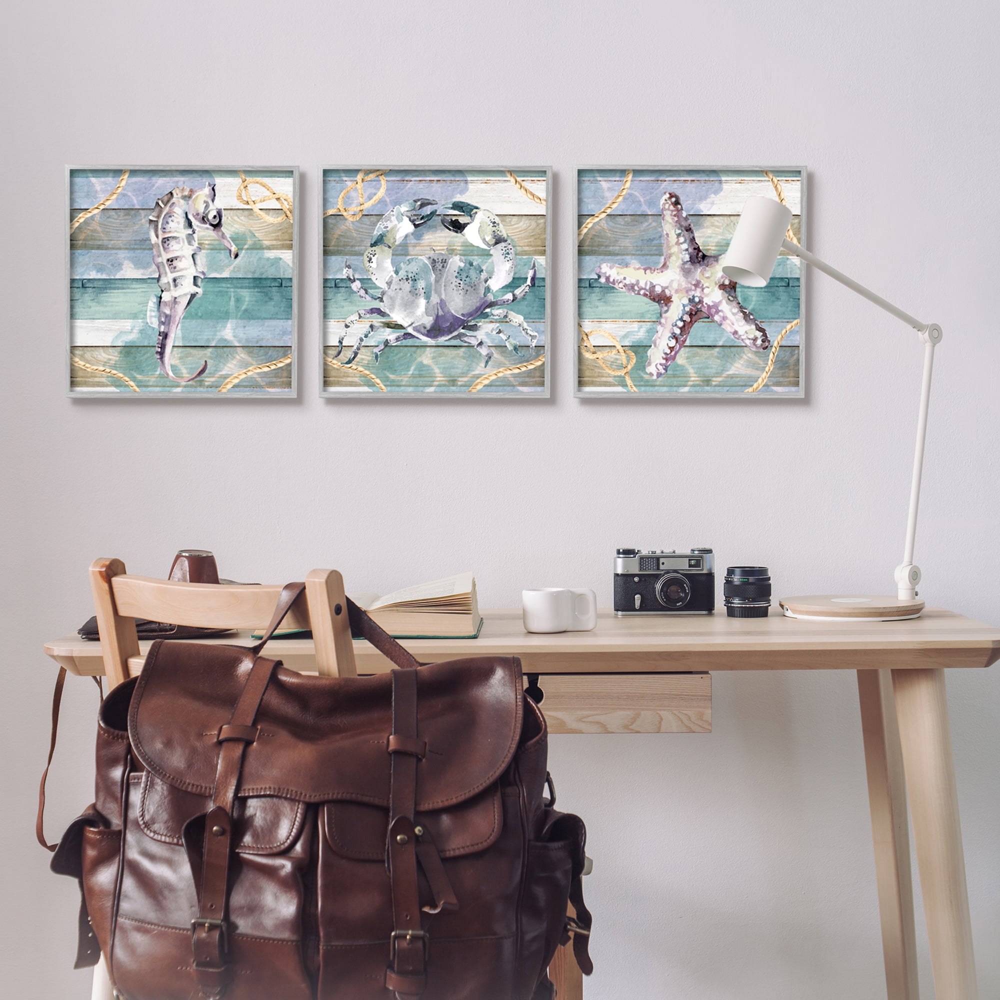 Stupell Industries Sea Life Plank Pattern Animals & Insects Painting Gray Framed Art Print Wall Art, 17 x 17, Set of 3