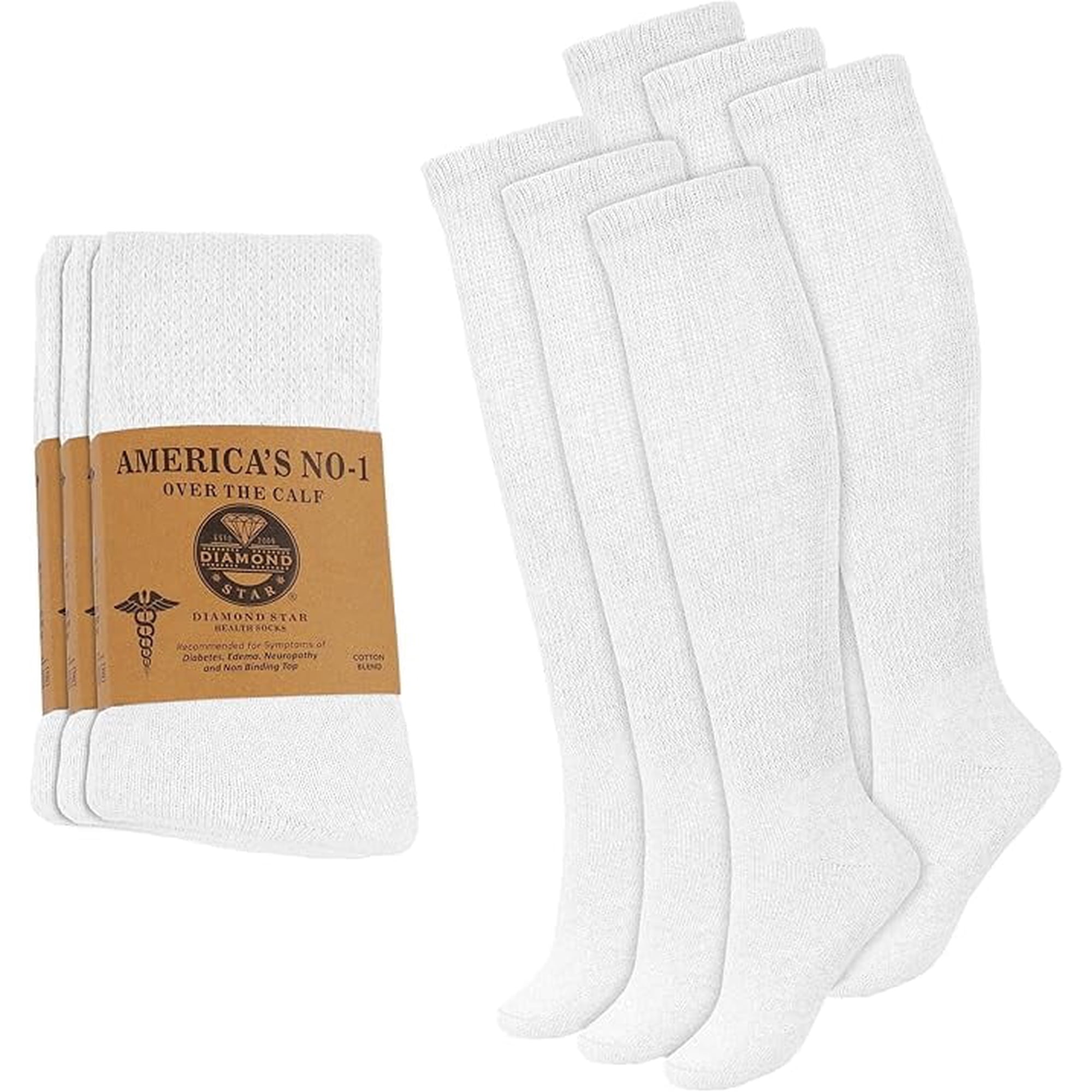 Diamond Star Diabetic Over the Calf, Non-binding Premium Cushion Cotton Knee High Comfortable Socks for Women (White - 6 Pairs, Shoe Size 9-11)