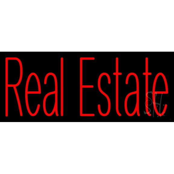 Red Real Estate LED Neon Sign 13 x 32 - inches, Black Square Cut Acrylic Backing, with Dimmer - Bright and Premium built indoor LED Neon Sign for office, and stroefront