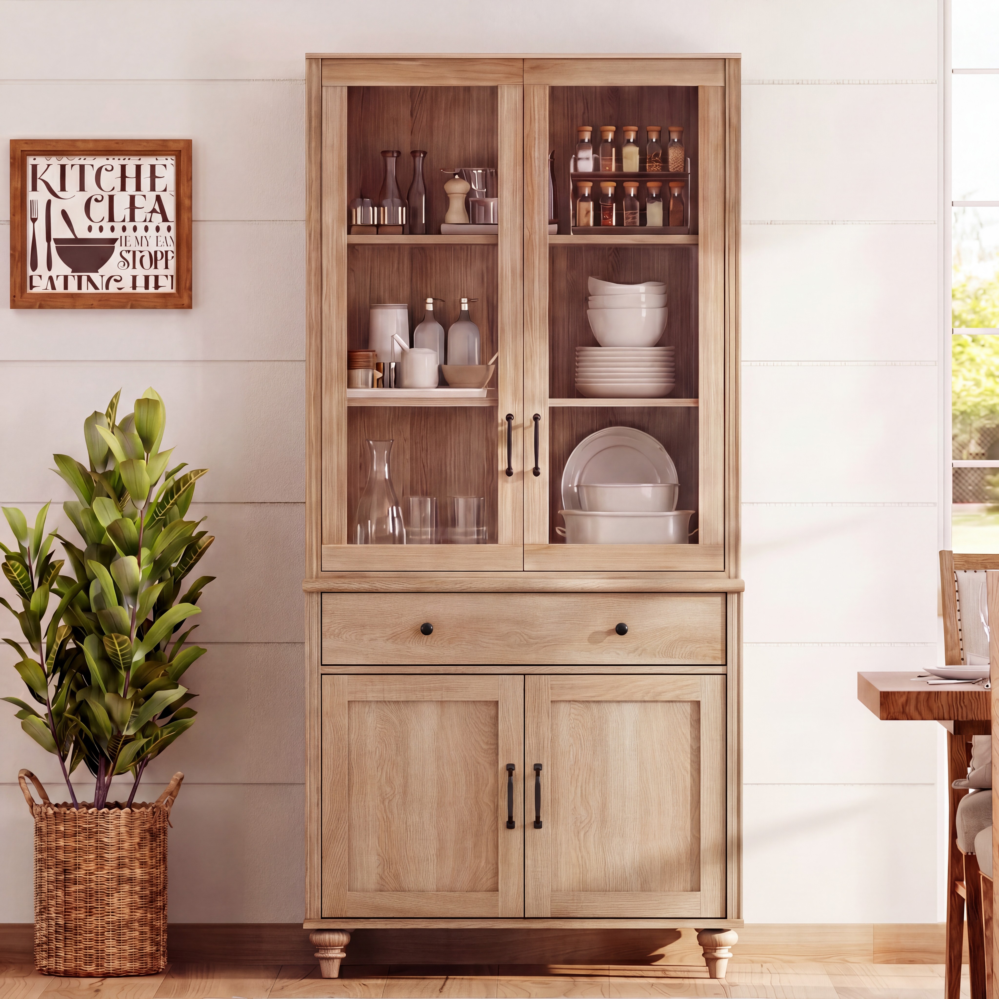 72"H × 34"W 5-Tier Farmhouse Wooden Library Bookcase with Glass Doors & Spacious Storage Cabinet, Freestanding Bookshelf for Living Room, Office & Kitchen, Oak