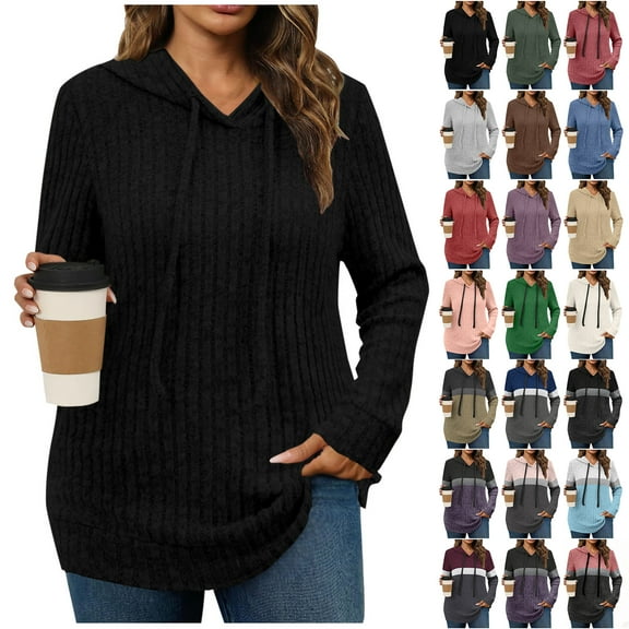 Otntypg Long Sleeve Hoodie Tunic Sweaters for Women Fall Casual Ribbed Knitted Drawstring Hooded Sweater Tops Loose Irregular Hem Blouses Coffee M