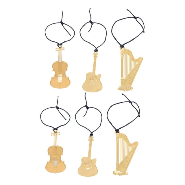 Shisuyan 6pcs Exquisite Musical Instrument Creative Bookmarks With Rope Metal Bookmarks for Stationery Gifts (Violin + Guitar + Harp, 2Pcs/Each)