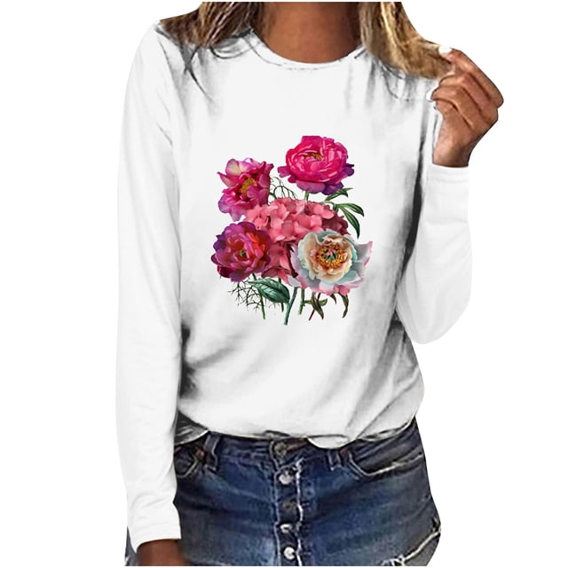 Pompotops T-shirt Décontracté Imprimé pour Femmes Col Rond Manches Longues Blouse