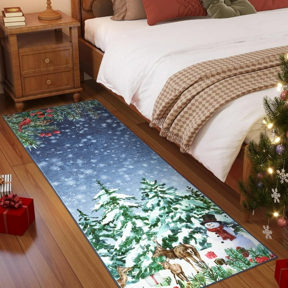 Hasoo Christmas Home Decor Tree Deer Print Area Rug Washable 2' x 8' Modern Rug for Hallway Enterway Indoor Blue Carpet