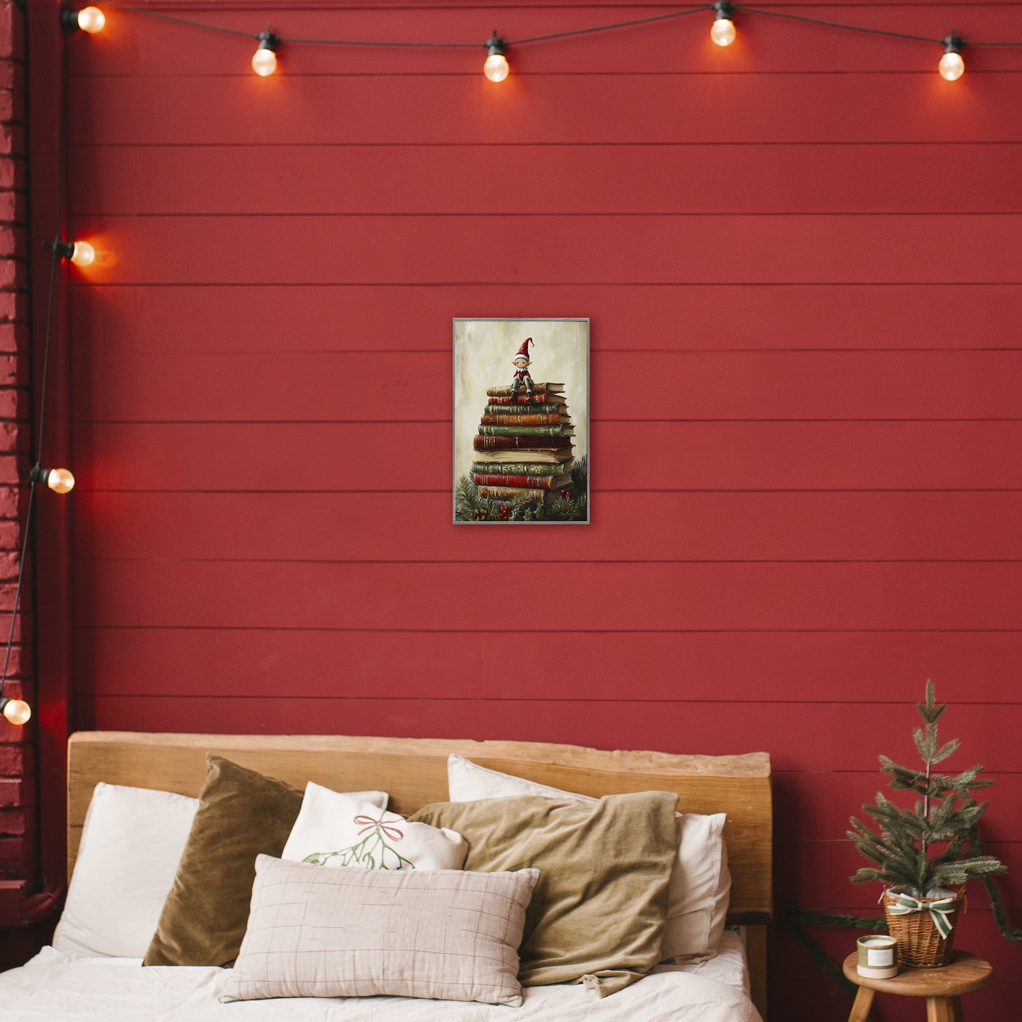 Christmas Elf Bookstack Gray Framed Giclee Art, design by Petal Prints Design
