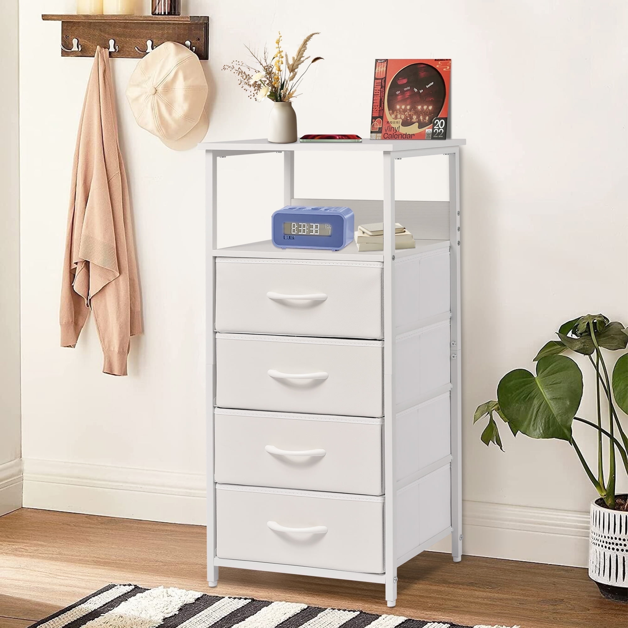 YEEZEE Nightstand,Dresser with 4 Fabric Storage Drawers,Tall Nightstand with Open Wood Shelves,White