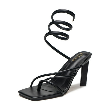 

Cathalem Ladies Flip Flop Heels Coil Spring Lace Up Sandals Girls Women Summer Square Toes Stiletto S Womens Sandals 38 Black 7
