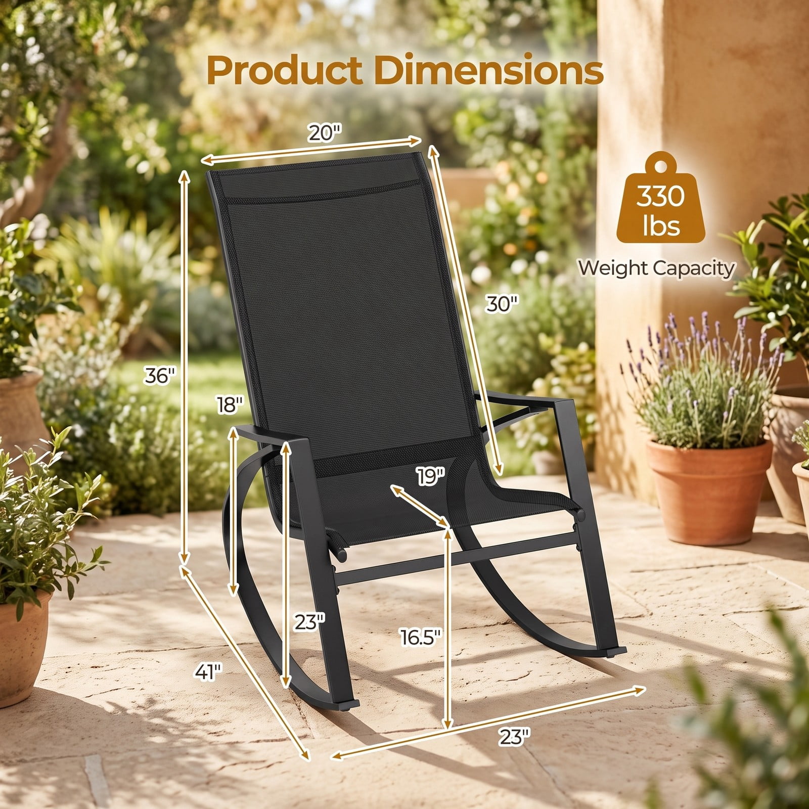 Furnibear Patio Rocking Chairs Set of 2 with Ergonomic Sling Backrest and Circular Metal Frame for Balcony and Poolside, Black