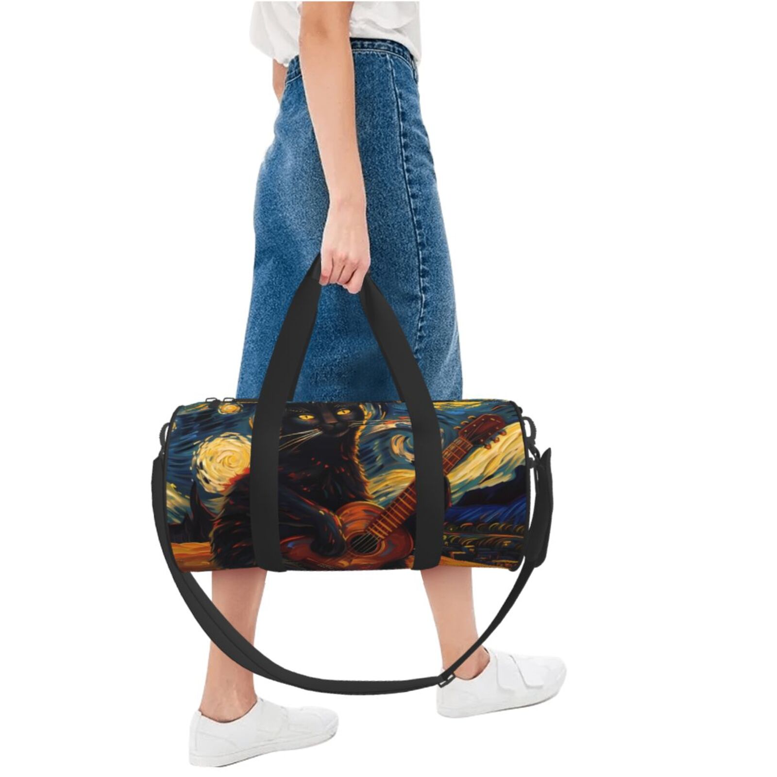 Vsdgher Starry Night Cat Guitarist 45L Foldable Duffel Bag, Sports Gym Bag,Overnight Bag, Portable Weekender Bag for Airplanes