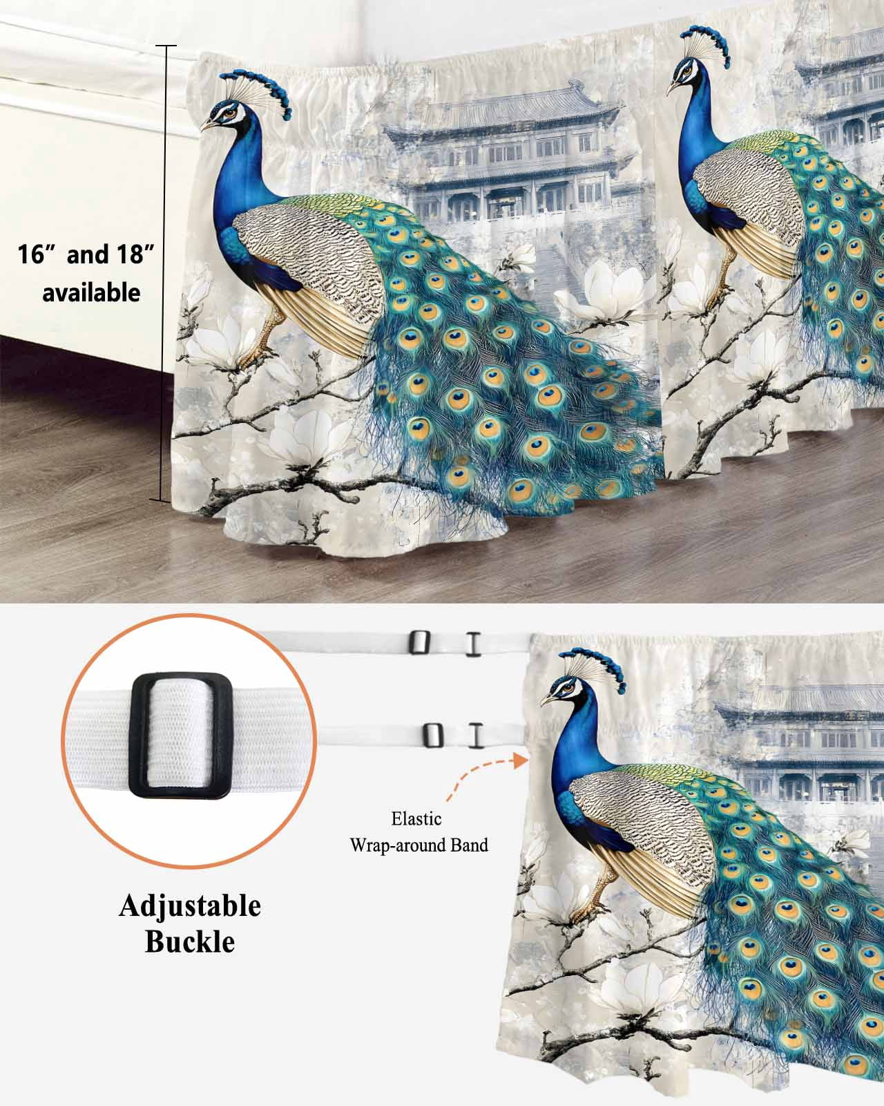 Elegant Peacock Wrap Around Bed Skirts for Queen Bed 16" Drop,Bed Skirt with Adjustable Elastic Belt Dust Ruffle Bed Valance for Bedroom Hotel Vintage Attic Magnificent Feathers Bed Frame Cover