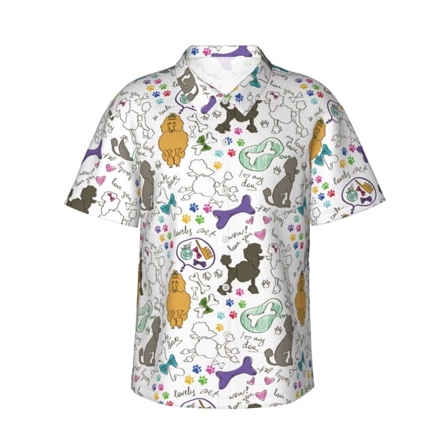 Balery Colorful Poodle Dog Camisas hawaianas de manga corta para hombre, camisas playeras de corte holgado, camisas de vacaciones con botones,Large