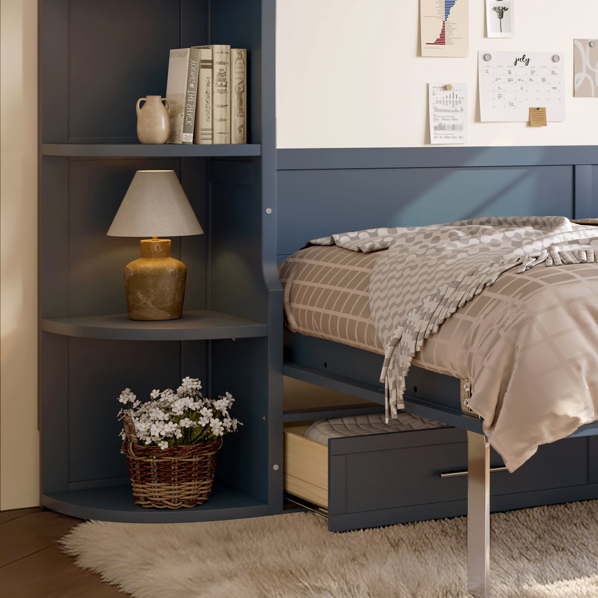 Mintazer Full Murphy Bed with Side Cabinets & 3 Drawers, Wall Foldable Bed with Storage for Bedroom Guest Room Home Office, Blue