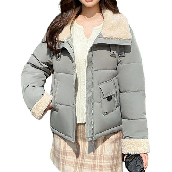 Xdegoge Winter Jacket Women Fleece Lapel Stand Collar Zip Up Quilted Jackets Trendy Casual Outerwear Padded Coats with Pockets Oversized Warm Outfits 2025