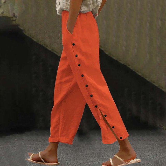 Soki Linen Pants Women Summer Casual Side Button Drawstring Pants Lightweight Boho Beach Pants Comfy Work Pants