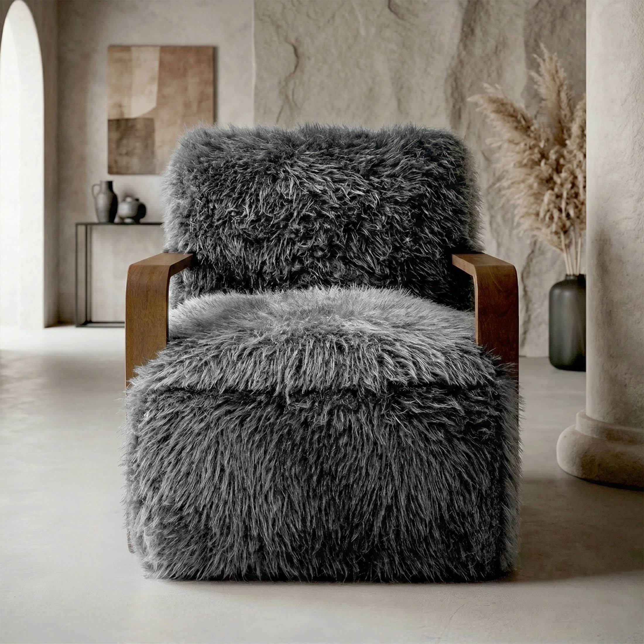 Aenkyo Yeti Contemporary Faux Fur Accent Chair with Dark Walnut Wood Arms, Gray