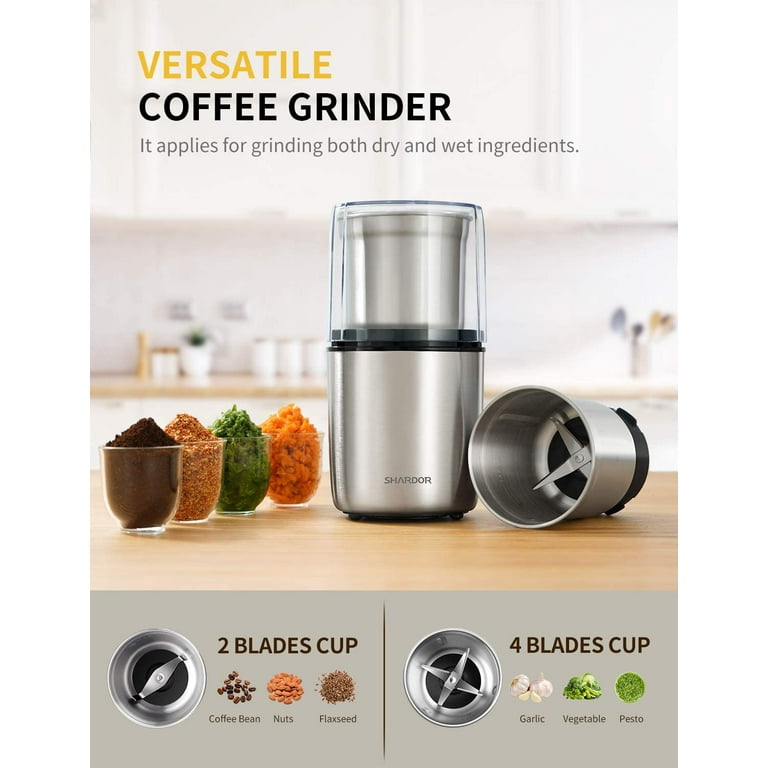 SHARDOR Adjustable Coffee Grinder Electric, Grain mills, Herb, Nut,  Spice,Coffee Bean Espresso Grinder with 2 Removable Stainless Steel Bowl,  Silver