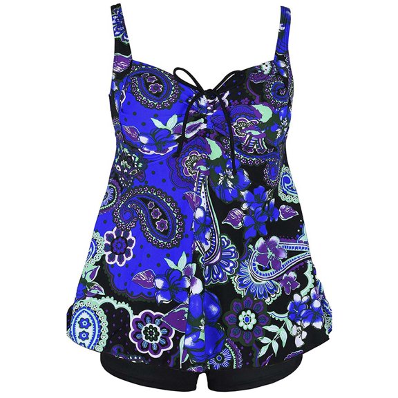 Plus Size Paisley Floral Print Tie Back Fashion Swimsuit Tankini Set