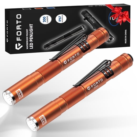 FORTO LED Pen Light, 200 Lumens Pocket Flashlight, IP67 Waterproof, AAA Batteries, Orange 2 Packs