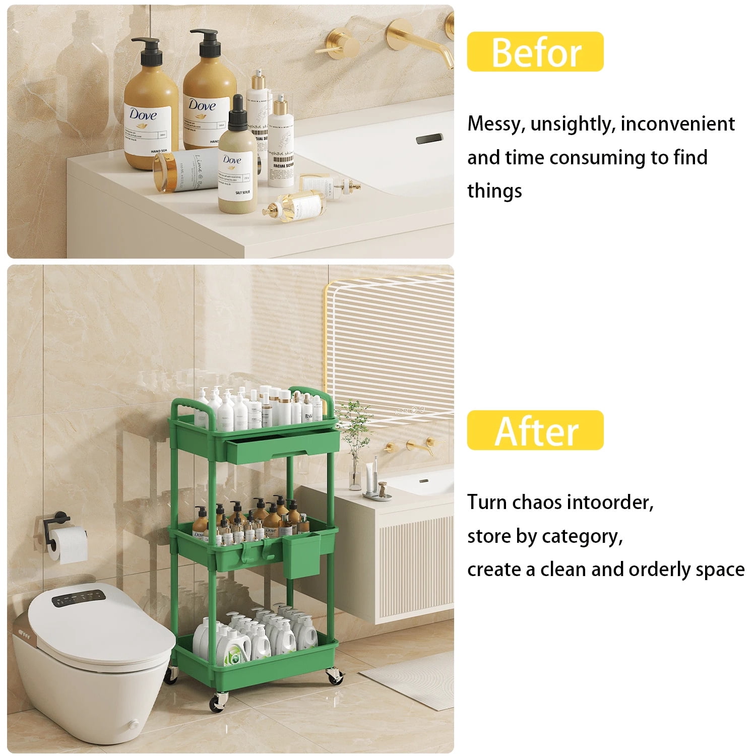 NTGFU 3 Tier Rolling Storage Cart with Drawers Rolling Utility Cart with Drawers,Room Decor,Bathroom Decor,Rolling Utility Cart Rolling Storage Organizer Tool for Kitchen,Green