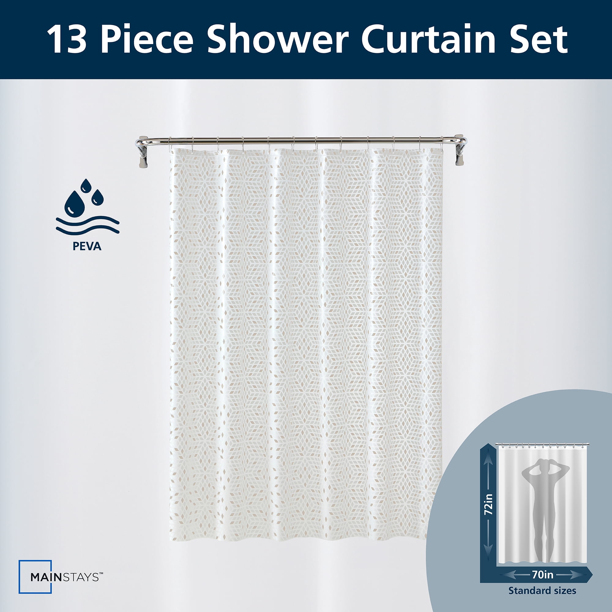 Mainstays Printed PEVA Shower Liner Set, 12 Metal Hooks 70"x72" - Beige Mosaic Diamond