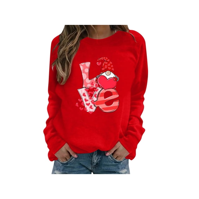 Día de San Valentín Blusa para mujer Manga larga Love Eement Prints Camiseta con cuello redondo Sudadera XBTCLXEBCO Amor rojo, EG