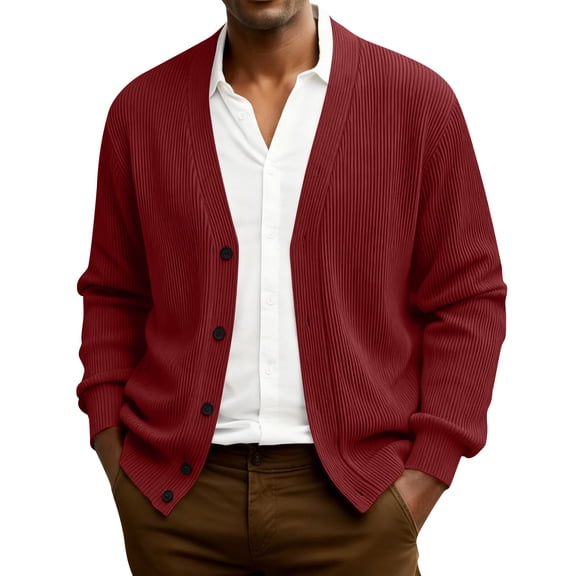 QHRMKOG Men Cardigan Sweater Relaxed Fit Long Sleeve V Neck Cardigan Trendy Solid Color Button Up Cardigan Sweaters Winter Warm Knit Sweater Red 3XL