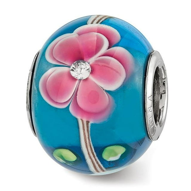 Perle en Verre Bleu & Rose Floral CZ Reflections Argent Sterling
