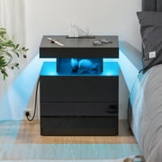 Hommpa LED Nightstand with Wireless Charging Station Modern Nightstand Type C USB Port 2 Drawers Bedside Table Black Smart Night Table High Gloss End Side Table for Bedroom Furniture 22.3 Tall