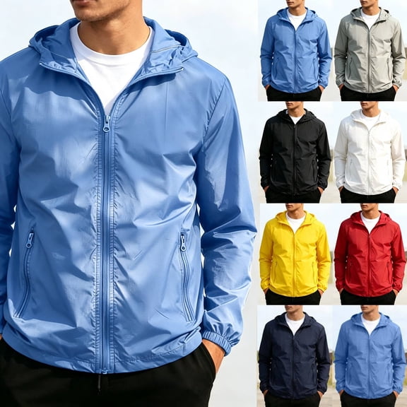 UKHCCC Men's Sun Protection Lightweight Jacket Full Zip Hooded Windbreaker Outdoor Long Sleeve Casual Sports Activewear with Zipper Pockets XS-XL