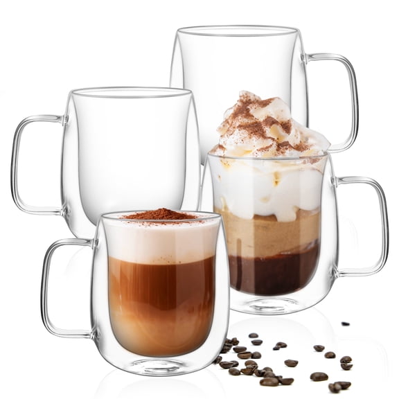 Double Walled Glass Coffee Mugs,14oz,Large Espresso Cups with Handle,Set of 4 Clear Glasses ,Tea Latte Cappuccino Mug ,Glassware
