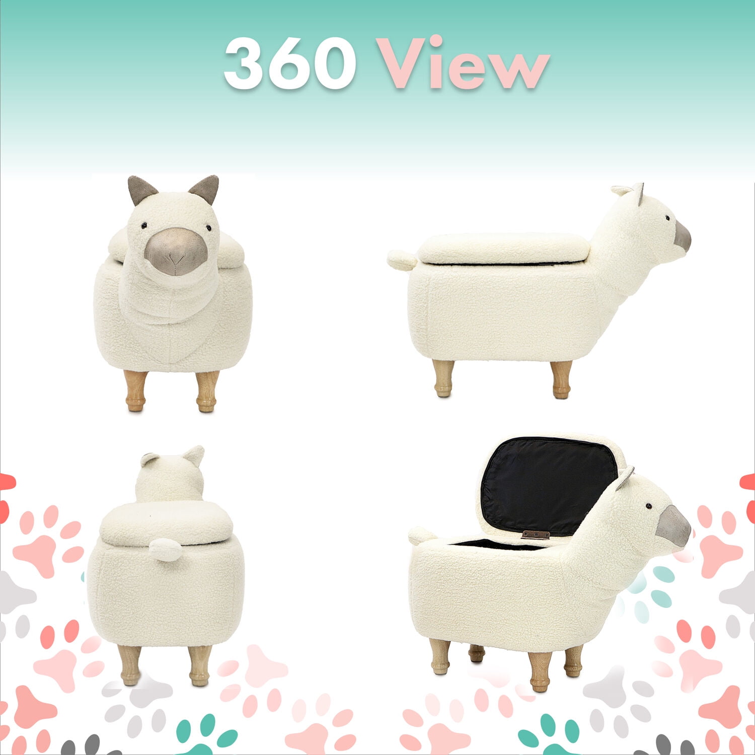 Critter Sitters 15" Seat Height Plush Animal Shape Storage Ottoman Furniture for Nursery, Bedroom, Playroom & Living Room Decor (White Llama)