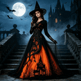 thumbnail image 3 of AoDai Gothic style long-sleeved witch dress with ghost castle print, suitable for Halloween party cosplay (all dress patterns are printed, the dress does not include a petticoat)., 3 of 6