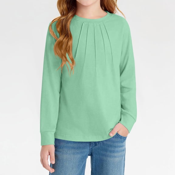 Girls Long Sleeve Shirts Casual Crewneck Blouses Tops Cotton Girls Shirts with Lace Sleeve Tunics 5-14 Years