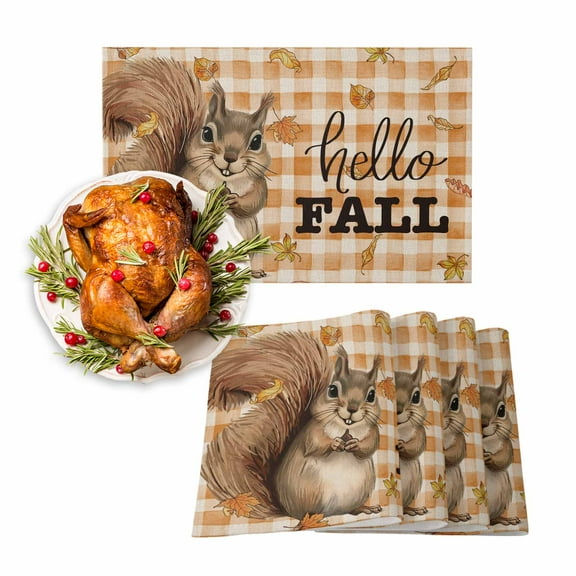 Fall Placemats Set of 4 Squirrel Leaves Place Mats Thanksgiving Placemat Hello Fall Orange Buffalo Plaid Table Mats for Dining Kitchen Table Holiday Dinner Party Home Fall Decorations 13x19 Inch