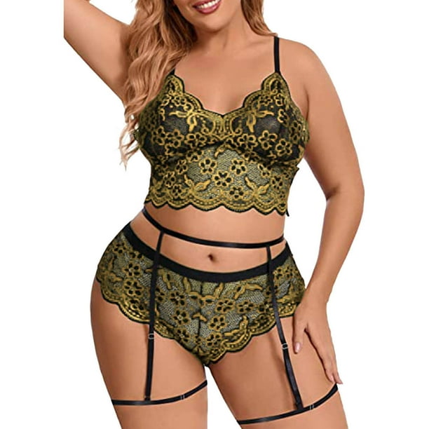 Gibobby Conjunto de lencería Sujetador + tangas Nueva sexy lencería de encaje ropa interior ropa de dormir anillo de pijamas liguero(Amarillo, M)